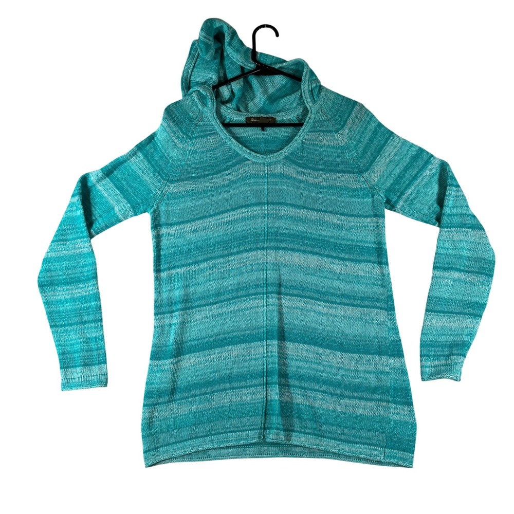 Tommy Bahama Womens S Teal Striped Linen Blend Hoodie Sweater V-Neck Lightweight